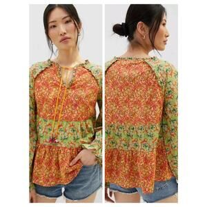 3165)Anthropologie Roopa Pemmaraju Vivi Multicolor Peasant  Floral Blouse Size M